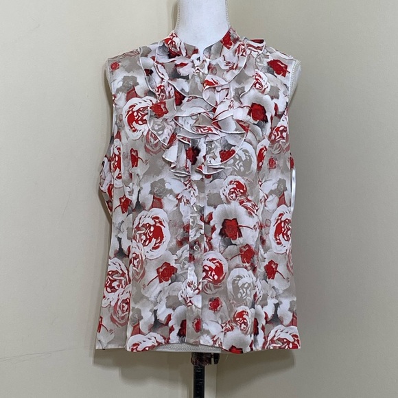 NWOT TAHARI || Beige Floral Print Retro Shirt size Petite Large - Picture 2 of 9